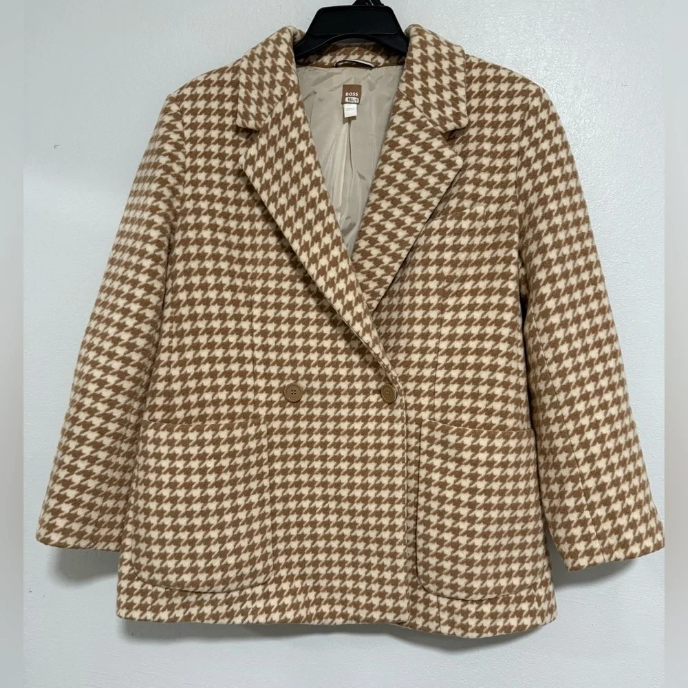 Hugo BOSS Jahonda Double Breasted Blazer Brown Houndstooth Tweed Jacket Sz 10